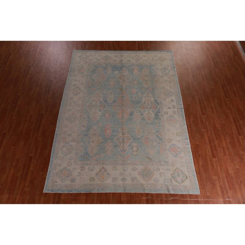 Hand Knotted Oriental 100% Wool Carpet Transitional Geometric Navy Blue & Blues Oushak Area Rug - 12' 3'' X 9' 0''