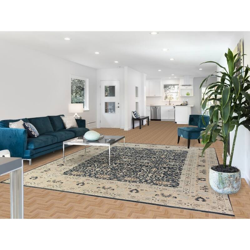 Hand Knotted Oriental 100% Wool Carpet Traditional All-Over Navy Blue & Blues Ziegler Area Rug - 9' 9'' X 8' 3''