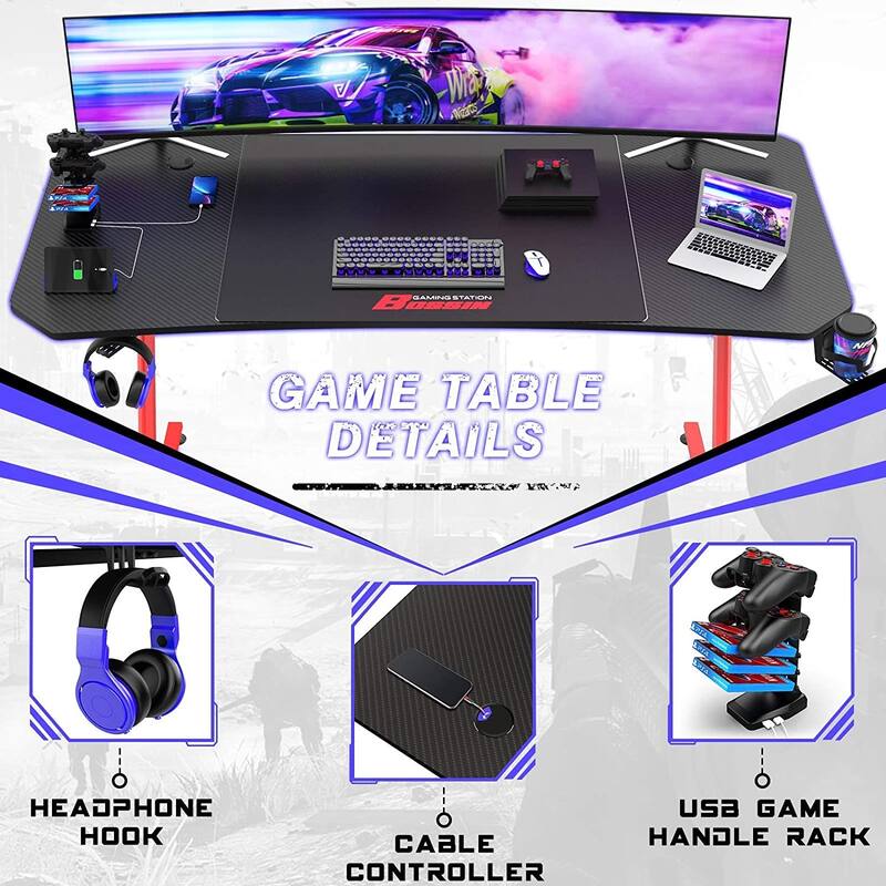 BOSSIN Ergonomic Gaming Desk Z-Shaped Office PC Computer Desk Gamer Tables with Cup Holder and Headphone Hook