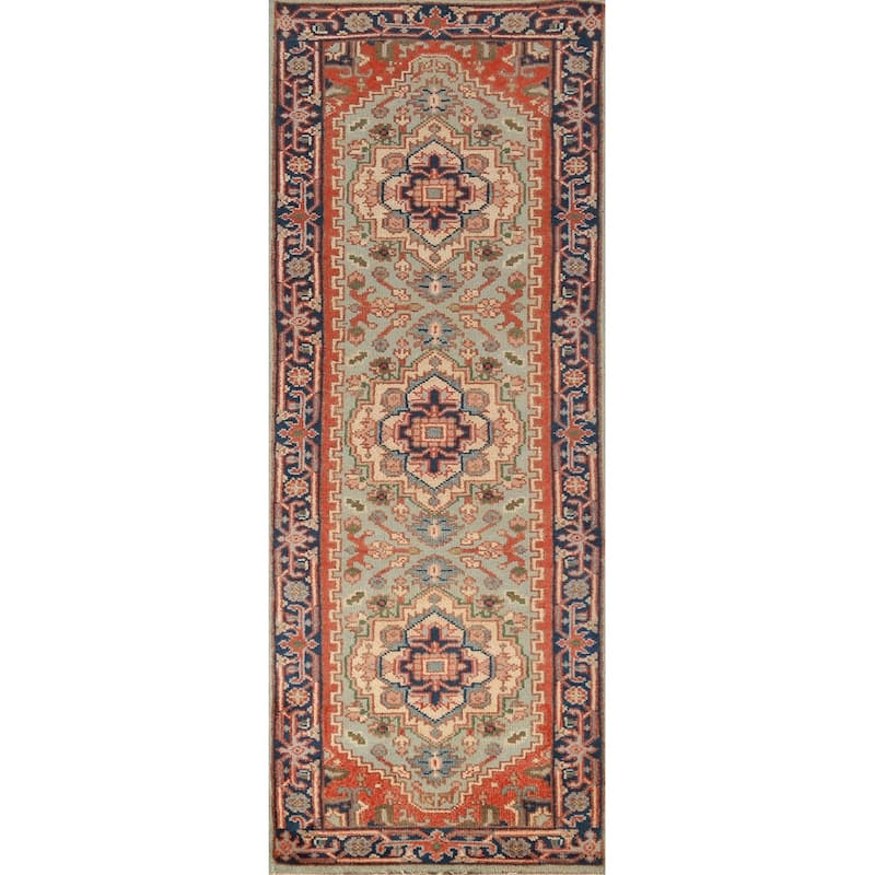 Light Green Heriz Serapi Oriental Runner Rug Handmade Wool Carpet - 2'6" x 7'10"