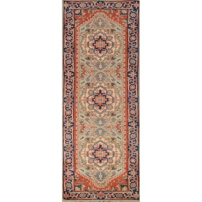 Light Green Heriz Serapi Oriental Runner Rug Handmade Wool Carpet - 2'6" x 7'10"