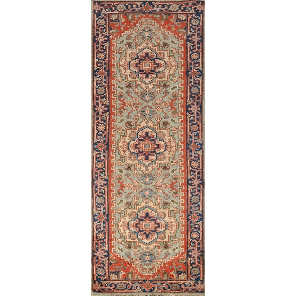 Light Green Heriz Serapi Oriental Runner Rug Handmade Wool Carpet - 2'6" x 7'10"