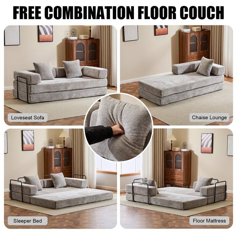 Chenille Floor Sleeper Sofa Bed Foldable Loveseat Couch Futon Sofa with Removable L-shaped Armrest and Movable Iron Frame