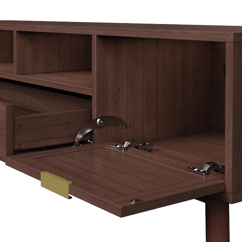 Wood TV Stand for 75" TVs, Rattan Cabinet TV Cabinet with Soft-Closing Door & Drop-Down Door for Living Room, Solid Wood Legs