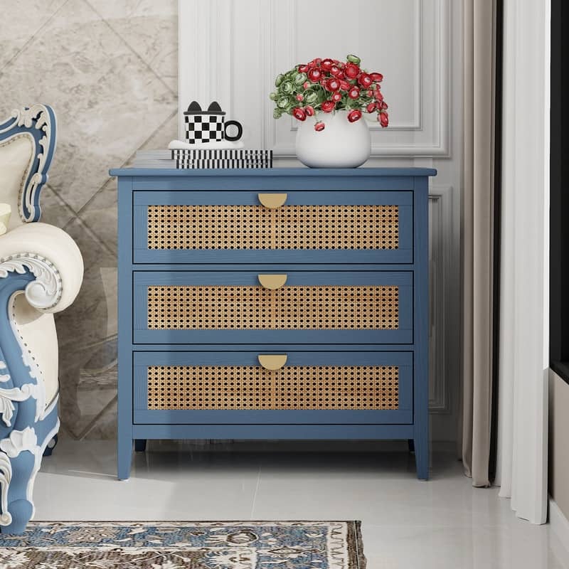 Natural Rattan Storage Cabinet 3 Drawer Chest - Blue