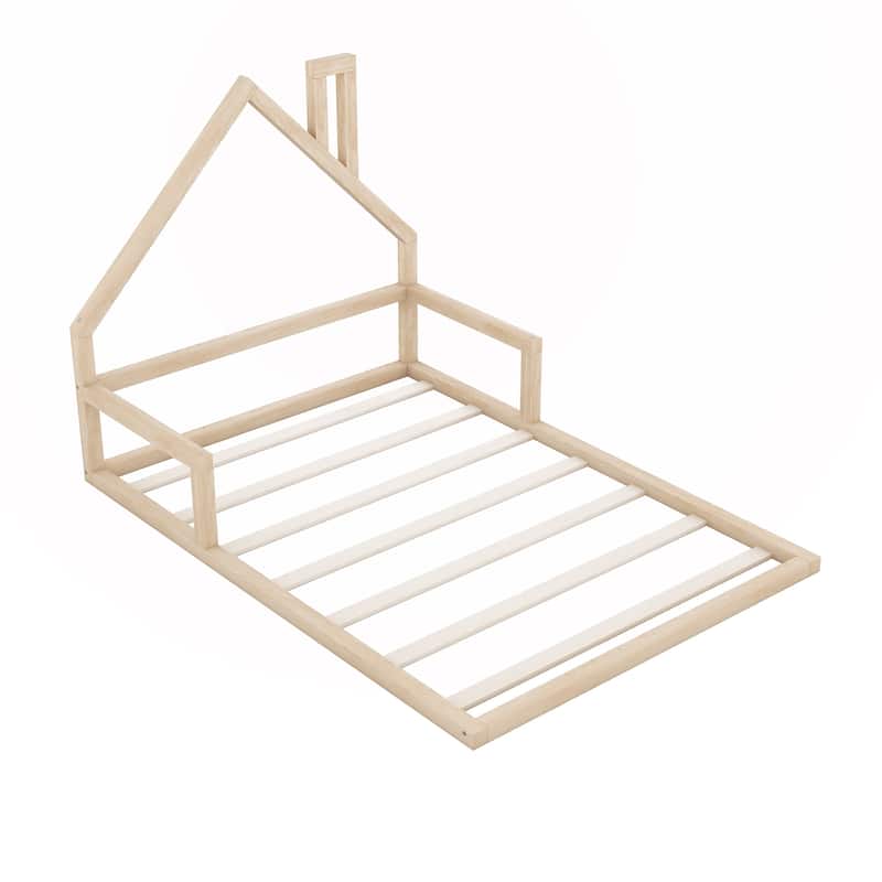 Full Size Wood Floor Bed with House-shaped Headboard