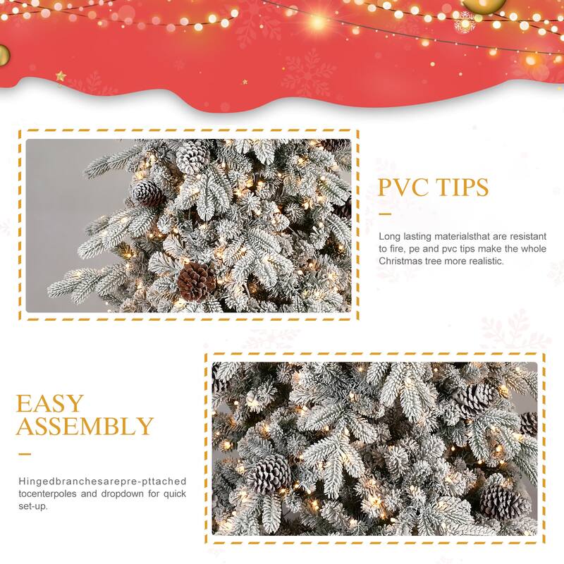 6FT Flocked PE/PVC Christmas Tree with 600 Warm White LED Lights-935 Tips, 31 Natural Pine Cones, Snowy Effect, Hinged Branches