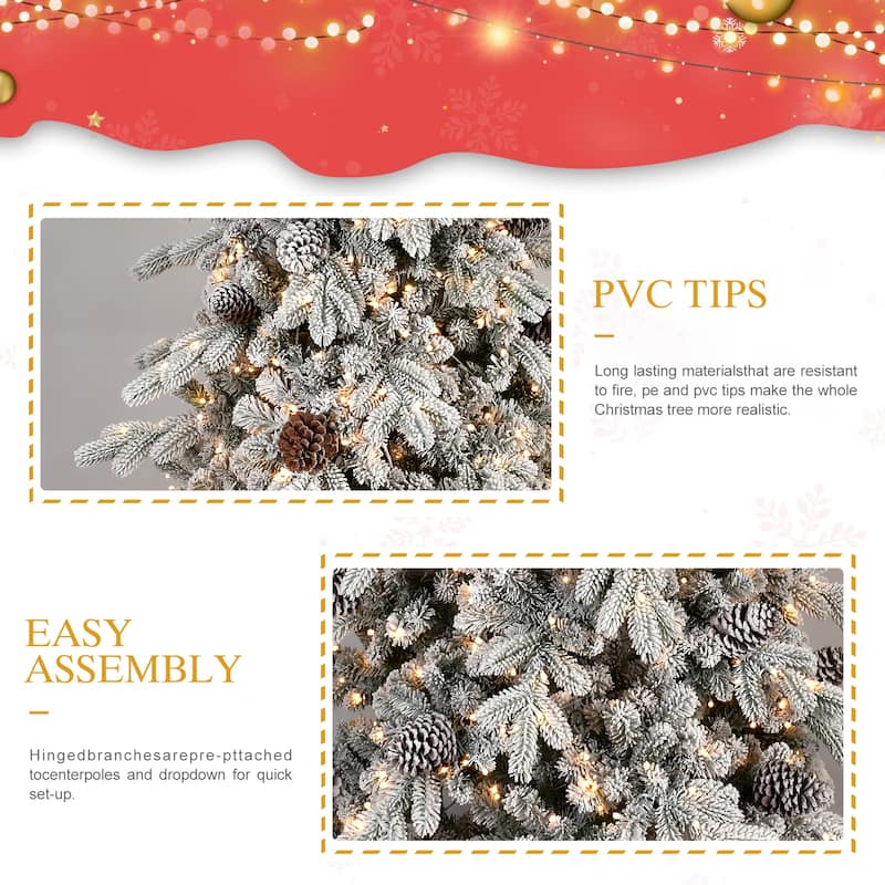 6FT Flocked PE/PVC Christmas Tree with 600 Warm White LED Lights-935 Tips, 31 Natural Pine Cones,Snowy Effect,Hinged Branches