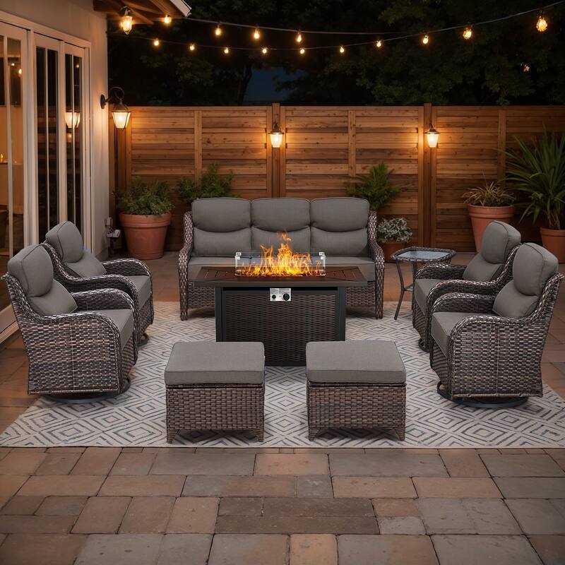 Gymojoy 9-Piece Wicker Patio Furniture Sofa Set with Fire Pit Table, 6-Inch Thick Cushion Swivel Glider Chairs & Ottomans - Brown Wicker / Gray Cusion - 9-Piece