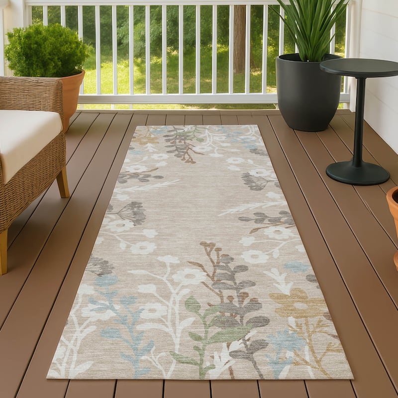 Machine Washable Indoor/ Outdoor Floral Border Chantille Rug - Beige - 2'3" x 7'6"