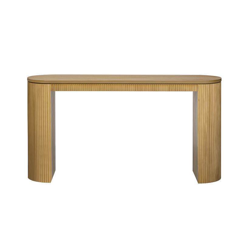 59.2" Curved Console Table with Unique Vertical Stripe Design, Wooden Hallway Table Extra Long Accent Entryway Sofa Table - Natural
