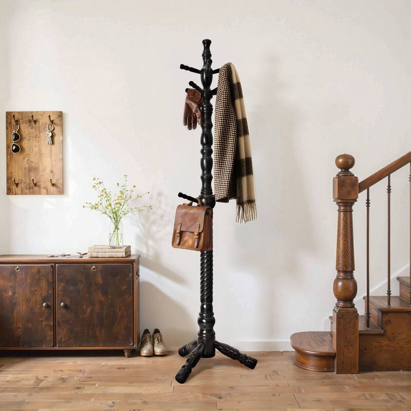74.4" Solid Wood Coat Rack Freestanding, Coat Tree Stand with 11 Hooks - 74.4"H x 20.9"W