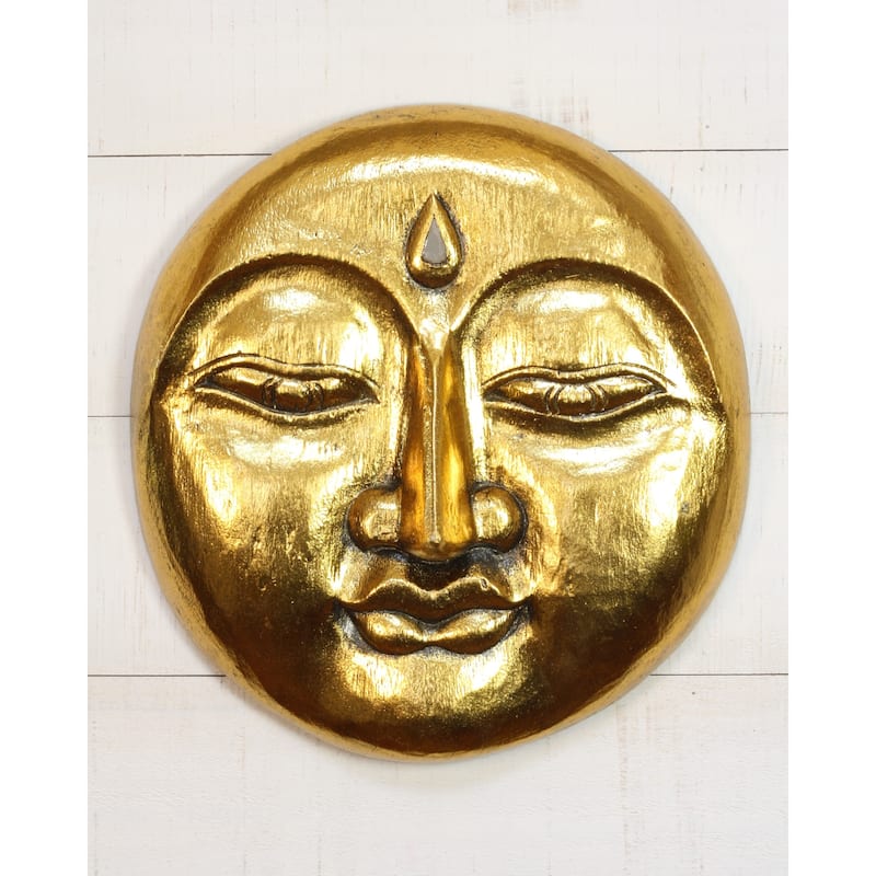 Wooden Moon Face Wall Art Hand Carved Crescent Moon Mask, Rustic Boho Home Decor Accent - Gold 12"