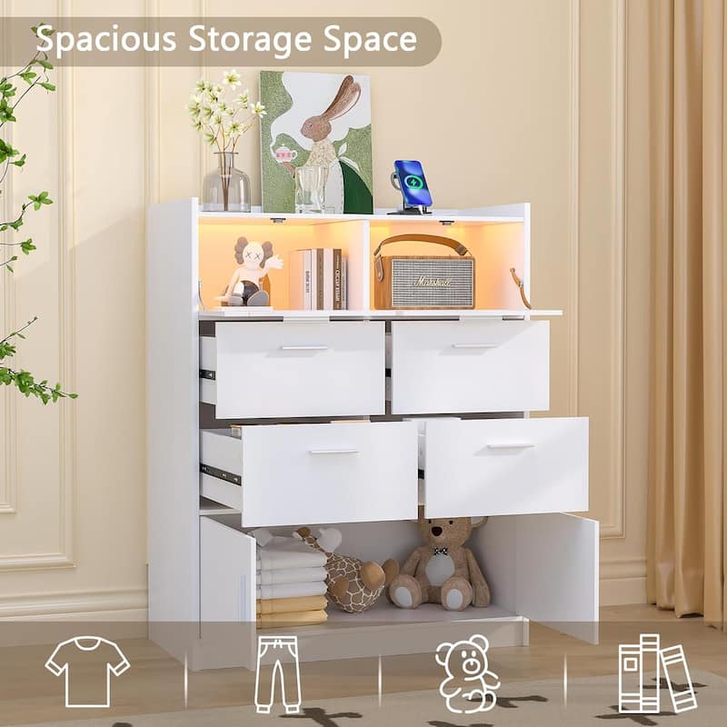 VECELO Bedroom Dresser with Adjustable LED Lights & Power Outlet Chest of 6 Drawers with Raised Edge and Large Storage Capacity