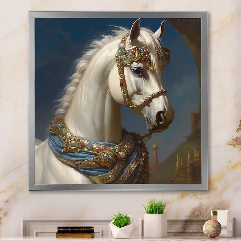 Designart "Portrait Of Majestic White Horse" Animals Horse Framed Wall Art Living Room - 30 in. wide x 30 in. high - Silver