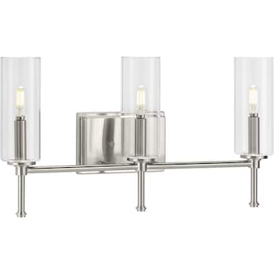 Elara Collection Three-Light Brushed Nickel Clear Glass New Traditional Bath Vanity Light - 22.125 in x 5.12 in x 11.5 in