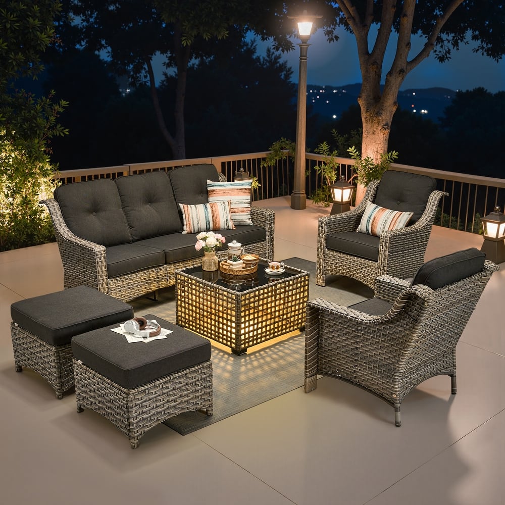 OVIOS 6 Pieces Outdoor Wicker Set With Solar-Powered Table