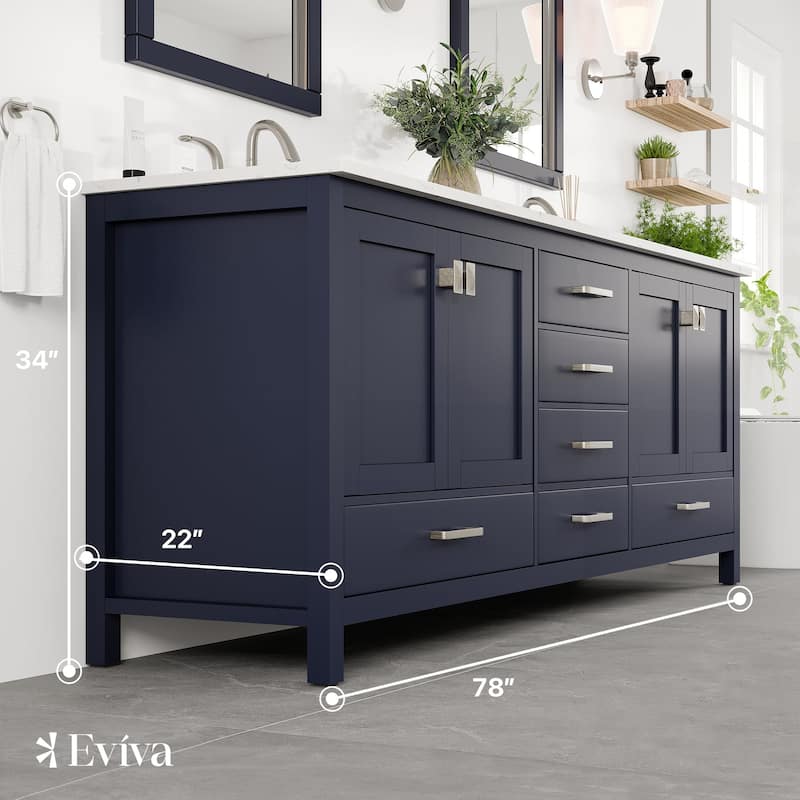 Aberdeen 78"W Blue DS Bath Vanity with Carrara Quartz Top & Undermount Sinks