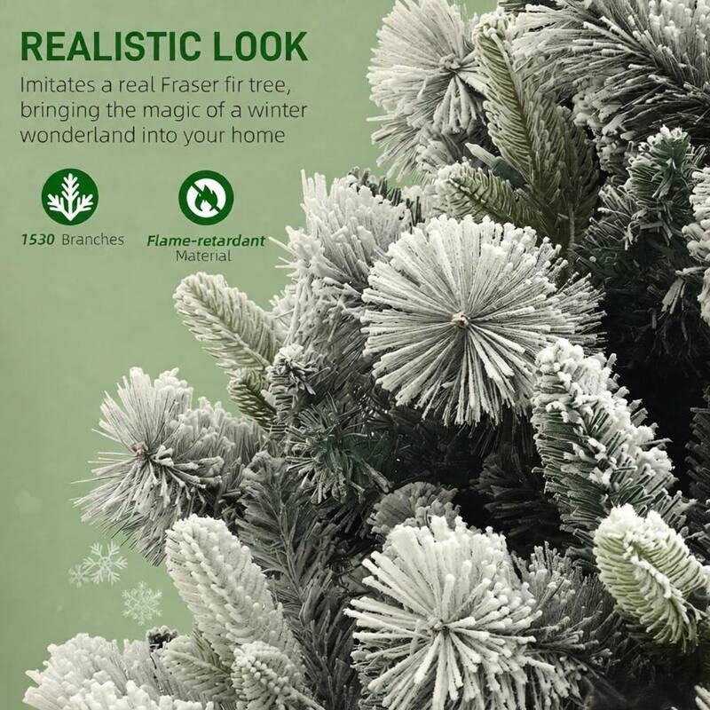 Flocked Artificial Christmas Tree - Clear Lights, Metal Stand, Home Holiday Decor - Green