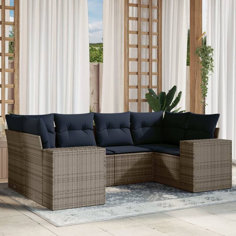 vidaXL 6 Piece Patio Sofa Set with Cushions Brown/Gray Poly Rattan - 24.4 x 24.4 x 27.2
