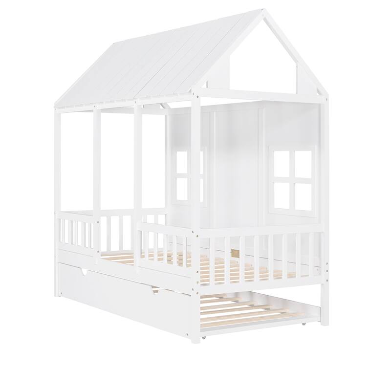 Twin Size Wood House Bed with Twin Size Trundle, Playhouse Daybed with Roof & Window & Slat