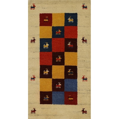 Hand Knotted Oriental 100% Wool Carpet Tribal Animal Pictorial Multi-Colored Gabbeh Area Rug - 4' 1'' X 2' 3''