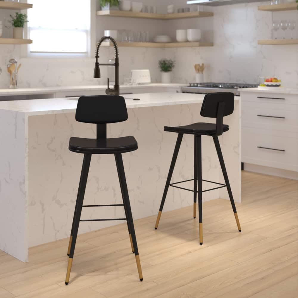 Set of 2 LeatherSoft Barstools with Iron Frame and Gold Tipped Legs