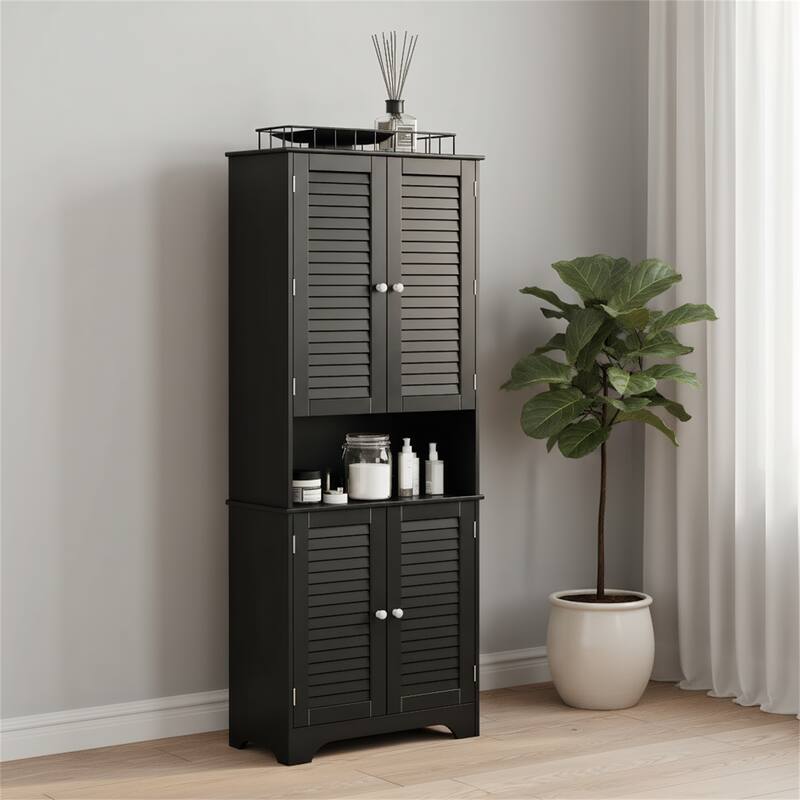 Black Freestanding Cabinet with Two-Cabinet Design, Adjustable Shelves - Black