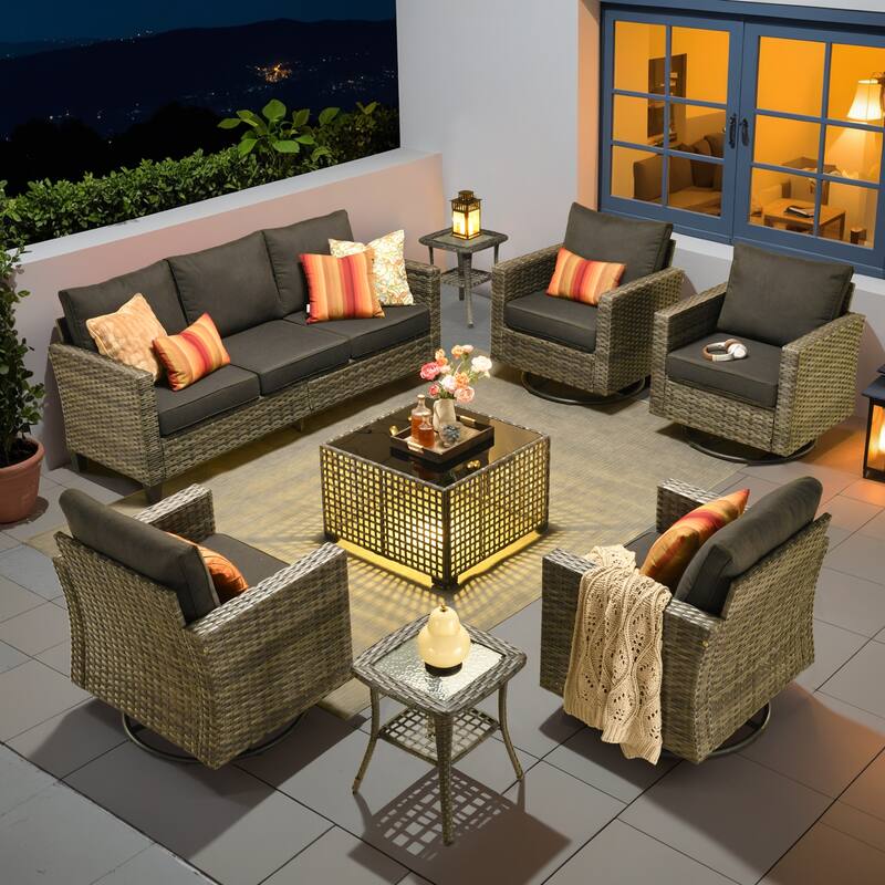 OVIOS 8 Pieces Outdoor Swivel Chair Set with Solar-Powered Table