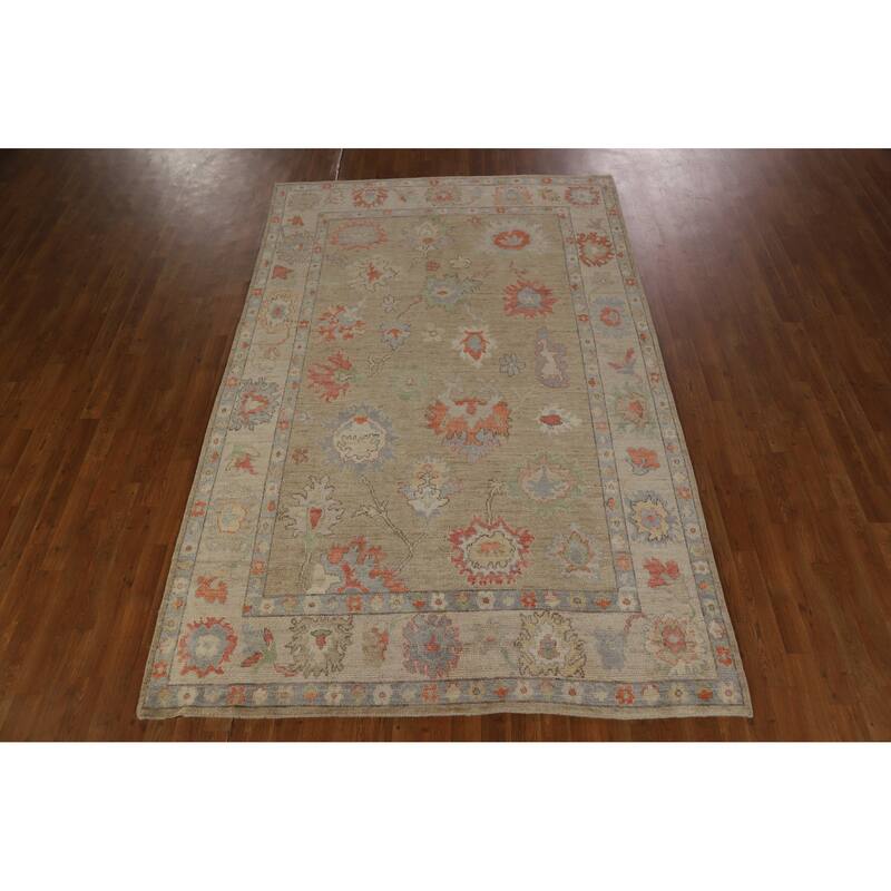 Hand Knotted Oriental 100% Wool Carpet Transitional All-Over Beige & Ivories Oushak Area Rug - 9' 0'' X 5' 10''