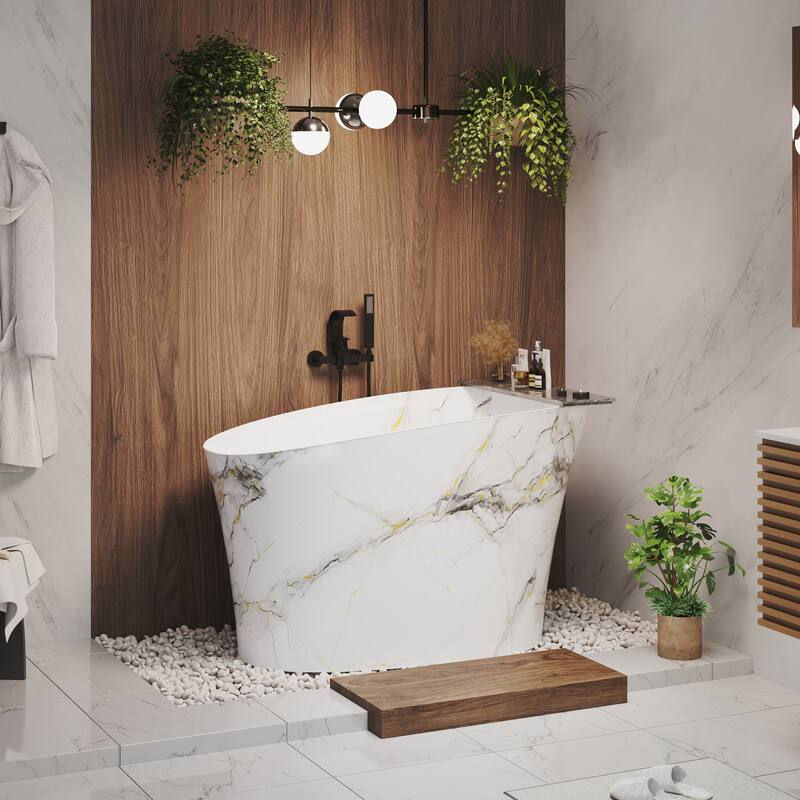 51 in. x 28 in. Solid Surface Freestanding Deep Soaking Bathtub with Built-In Seat, Right Drain, Matte White with Marble Pattern