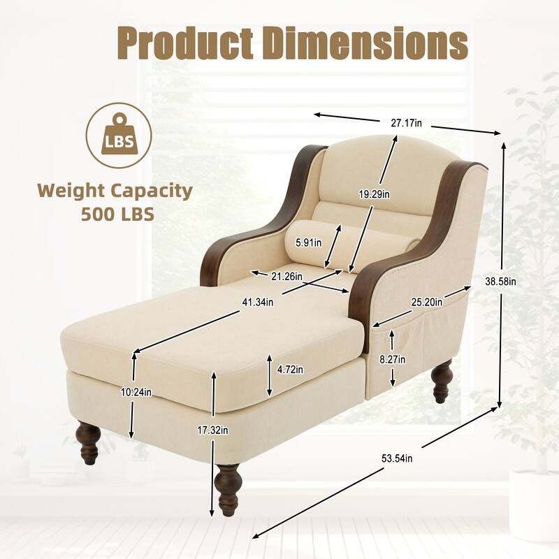 HOMEFUN Chenille Upholstered Wood Frame Oversized Chaise Lounge Single Sofa Bed with Side Pocket for Living Room,Bedroom
