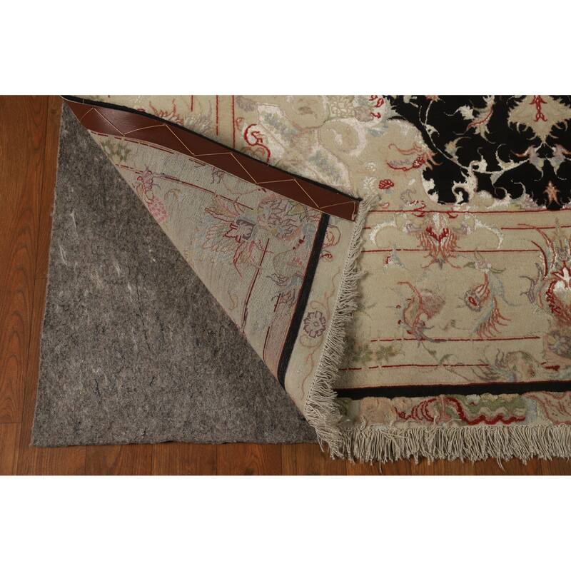 Hand Knotted Oriental Wool & Silk Carpet Traditional Floral Black Tabriz Area Rug - 7' 1'' X 4' 10''