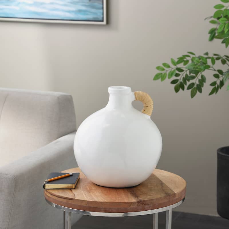 White Ceramic Jug Inspired Vase with Rattan Wrapped Handle
