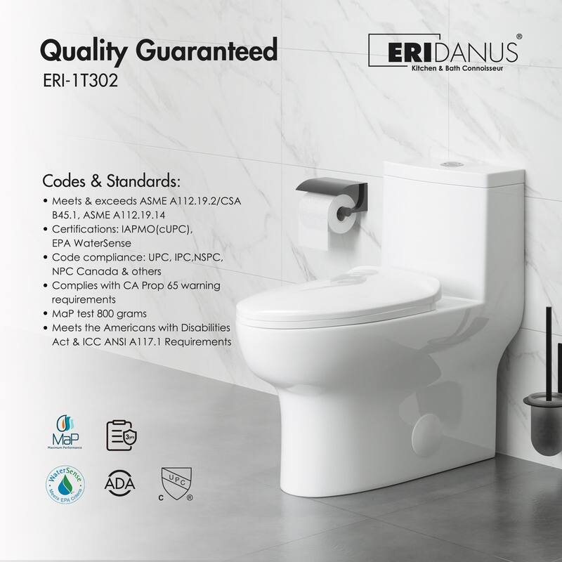 Eridanus Salerno Compact Elongated One Piece Toilet, Chair Height, 12-inch Rough in, Seat Included
