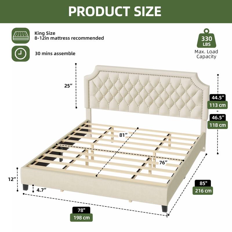 Moasis Upholstered Tufted Bed Frame with Adjustable Height Headboard