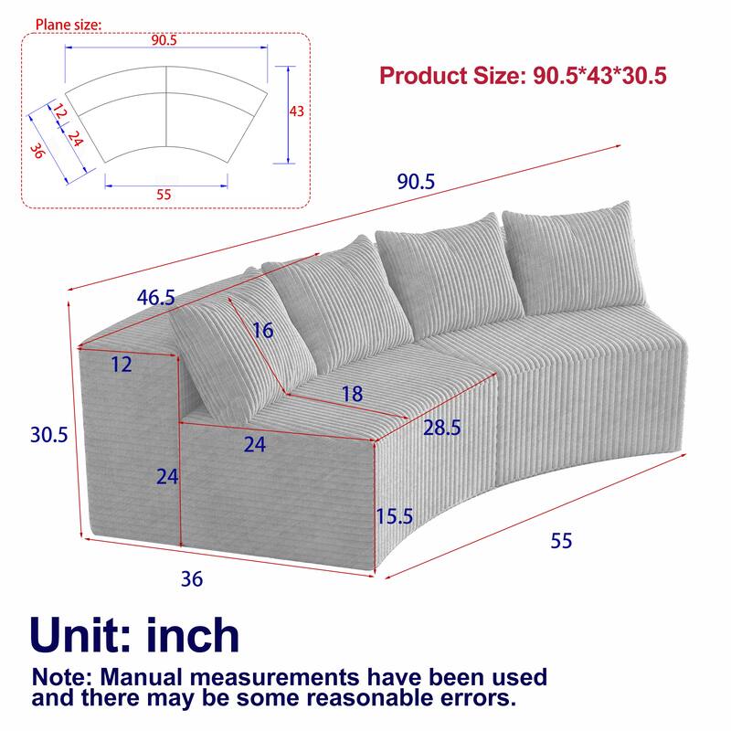 Anmytek Curved Modular Sectional Sofa Semi Circular Corduroy Couch with 4 Pillows Two Piece Set