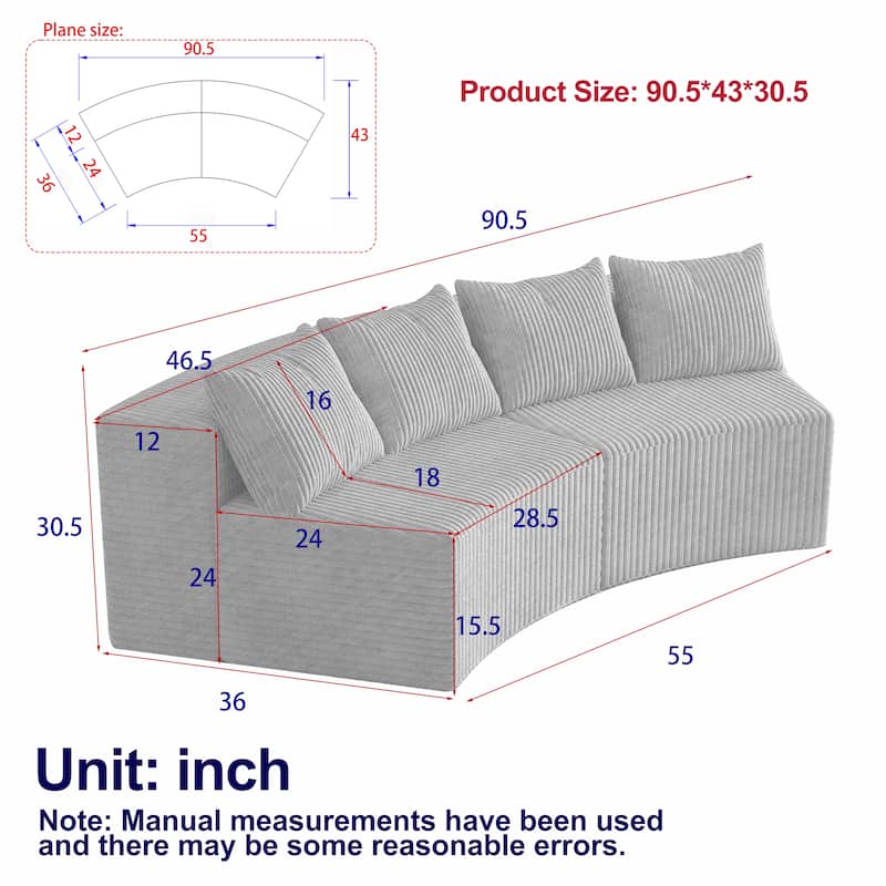 Roomfitters Modular Curved Sectional Sofa, 2-Piece Corduroy Semi-Circular Couch with Pillows