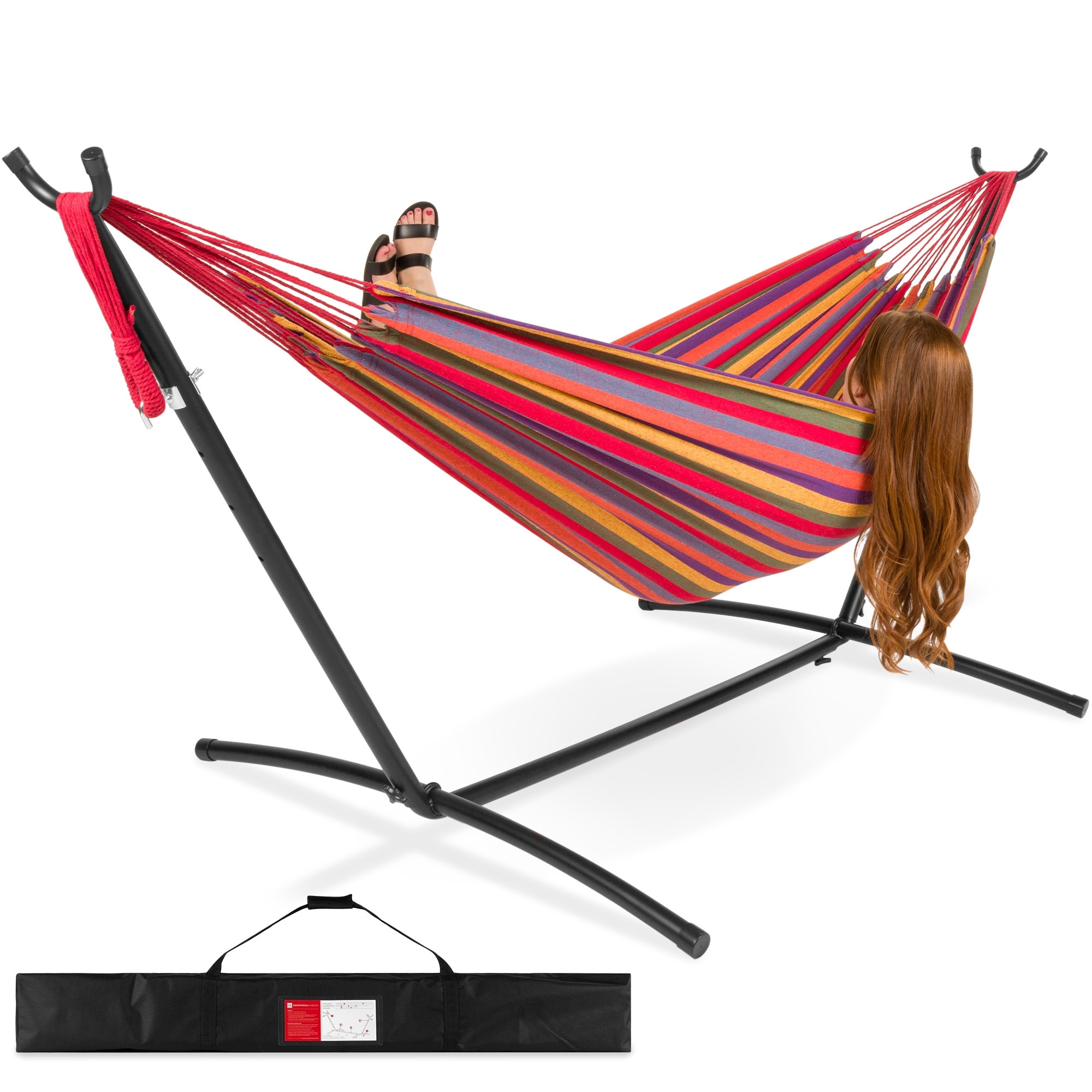 Red Strip 2-Person Outdoor Cotton Hammock Brazilian-Style Portable with Carrying Bag & Rope Suitable for Outdoor use Perfect for Backyard Camping Hiking Traveling Patio Yard Garden Red Strip 2-Person Outdoor Cotton Hammock Brazilian-Style Portable with Carrying Bag & Rope Suitable for Outdoor use Perfect for Backyard Camping Hiking Traveling Patio Yard Garden