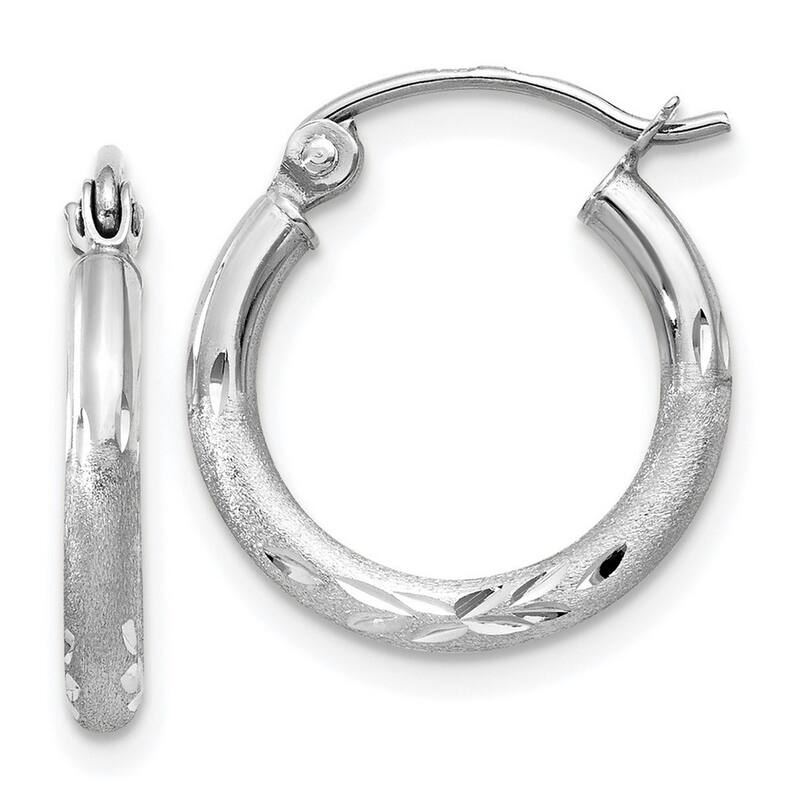 Curata 14k White Gold Satin and Sparkle Cut Round Hoop Earrings - 15x15mm