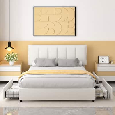 VECELO Bed Frame with 4 Storage Drawers, Upholstered Platform Bed Frame with Adjustable Headboard