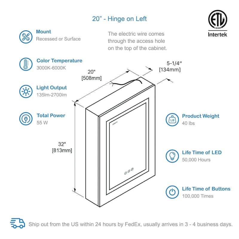 LED Medicine Cabinet with Amplified Mirror and Defogger