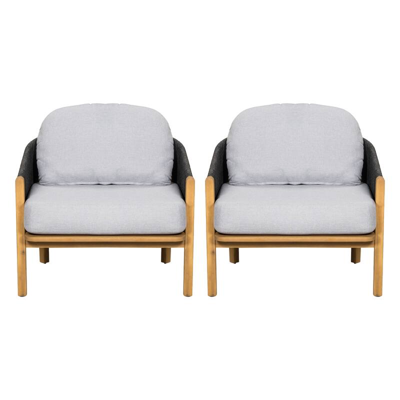 Roomfitters Grotta Outdoor Acacia Wood Club Chair with Rope Woven Back, Teak Finish and Grey