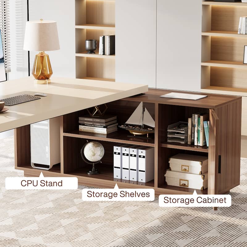 Modern 71-Inch Executive Desk, L-Shaped Desk with Storage Shelves and Cabinet, Large Office Desk Business Furniture Set