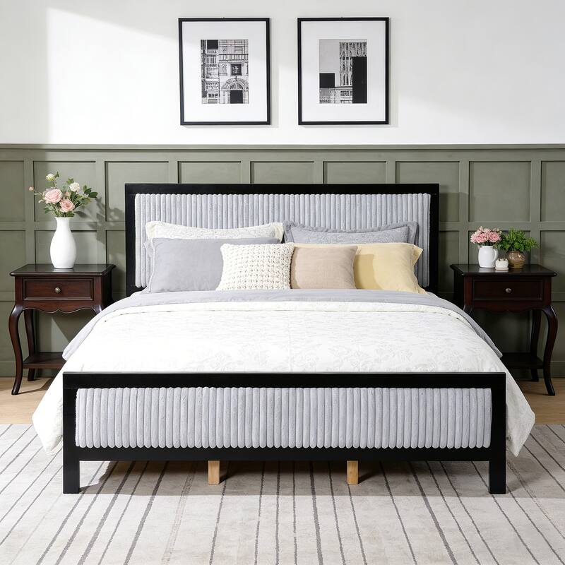 Roomfitters Upholstered Platform Bed Frame with Plush Cloud-Like Headboard and Solid Wood Slats, Grey and Black - King