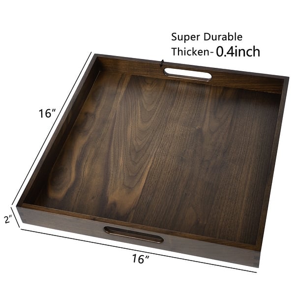 dimension image slide 7 of 10, KINWELL Square Black Walnut Wood Serving Tray Ottoman Tray with Handles