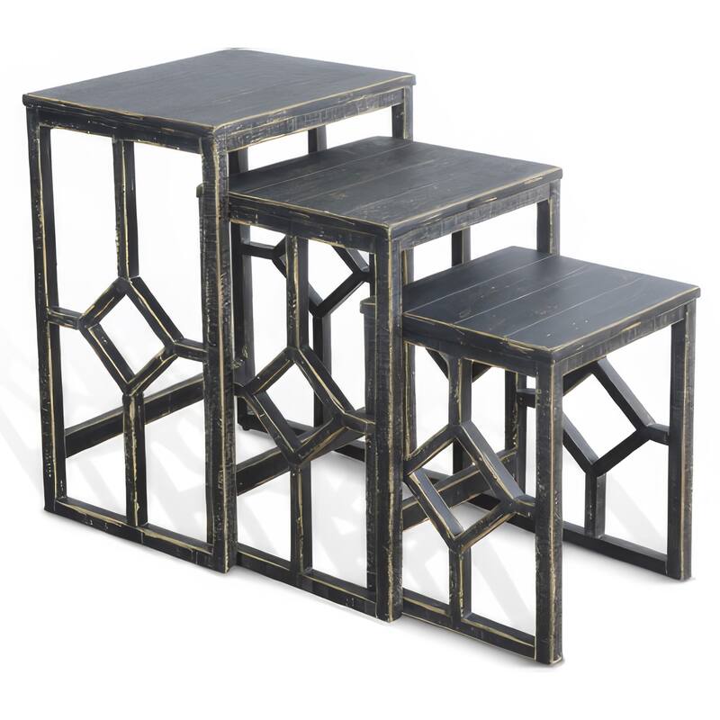 Rena 3 Piece Nesting Accent Table Set, Slatted, Rustic Black Mahogany