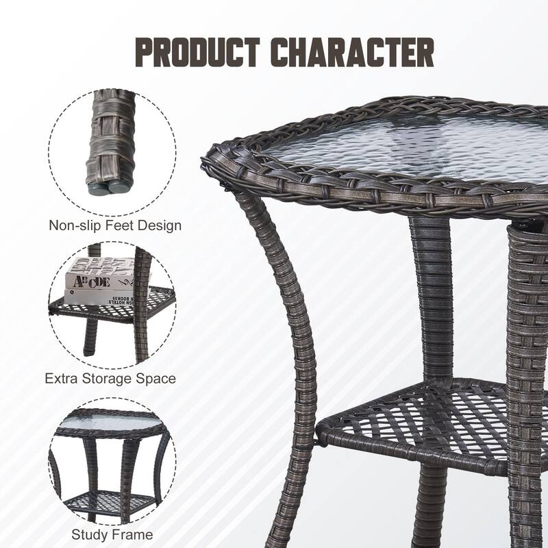 Stylish Outdoor Wicker side Table with Glass Top