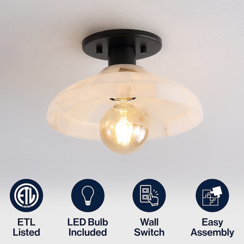 Aubrey 10" 1-Light Mid-Century Classic Alabaster/Iron LED Semi Flush Mount, White/Brass Gold, by JONATHAN Y