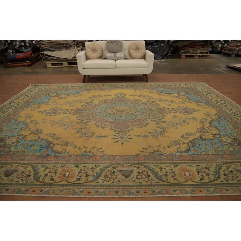 Hand Knotted Oriental 100% Wool Carpet Traditional Floral Yellow & Gold Tabriz Area Rug - 12' 10'' X 9' 10''
